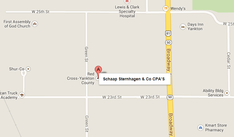 Map showing the location of Schaap, Sternhagen and Co. CPA's. A CPA firm in Yankton, SD